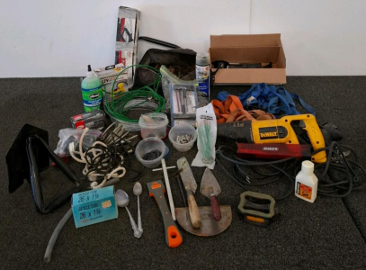 DEWALT DWE305 Reciprocating Saw (Tested And Did Not Power On), Pittsburgh 12V Inflator (Unable To Test), Haul-Master 1.5 Ton Jack, Hand Tools, Tow Chain, Bike Tubes, Repair Parts, And More