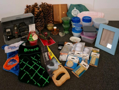 Flambeau Tool Box, Skil Twist Screwdriver, Stanley Handsaw, Holiday Decor, Extra Large Pine Cone Decor, And More