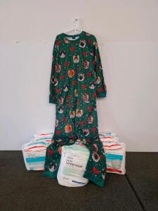 Large Adult Christmas Onesie Pajama, Cat Ornament Print, DEC.25th, Green, Zipper Back, Unisex, 100% Polyester, Adult Diapers 2 XL