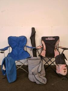 Duck Dynasty & Blue Folding Camping Chairs With Gray Sleeping Bag, Steel Frame, Cup Holders, And Roll Of Weed Barrier