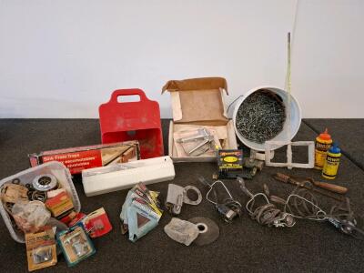 Mixed Hardware Lot with Nails, Tools, Marking Chalk, Sink Tray Kit, Worklights,( unable to test) Plumbing Parts