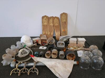 Vintage Ceiling Fan Parts Lot &ndash; Wood Blades, 5 Frosted & 5 Clear Glass Shades, 4 Brackets, Hardware