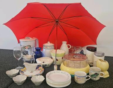 Glassware, Vases, Water Filter Pitcher, Yogurt Maker, 2 Coffee Grinders (All Tested And Work), Red Umbrella, Ladybug Planter Pot, Salad Plates, And More