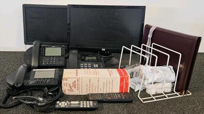 Dell & HP 20" Monitors (Tested, Works) Mitel & Yealink VoIP Phones, Binder, Organizer, Supplies