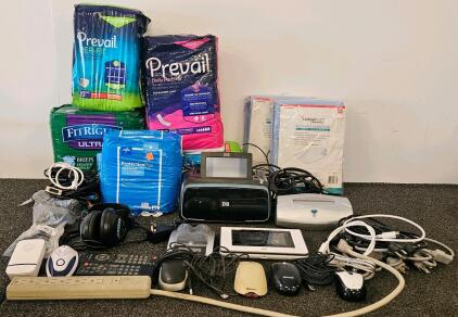 Adult Briefs, Assorted Cords And Electronics, Home Laminator (Tested, Works), Alkaline Battery Charger (Tested, Works) And More