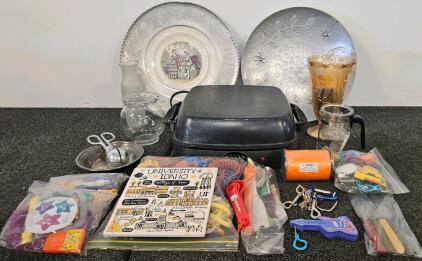 Hamilton Beach Skillet (Tested, Works), Vintage Aluminum Trays, Glassware, University Of Idaho Plaque, Keychains, And More