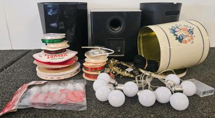 Mixed Crafts With Ribbons, String Lights, Subwoofer (Untested), Black Bins, Decorative Tin