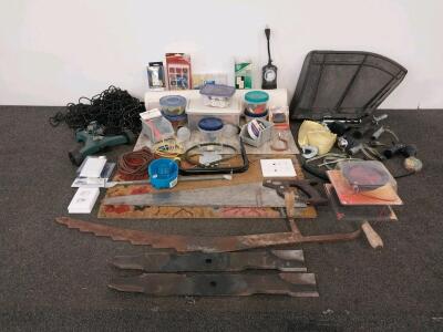 Vintage Craftsman Hand Saw, Vintage Hay Knife, 20 1/2 Heavy Duty Mower Blades, Wiring Supplies, & More