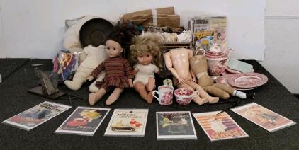 Antique German Bisque Dolls (Modern Plastic, Composition, Bisque) With 3569 Marked Partials, Clothes, Patterns, Scraps, Teapot And China Collection, Antique Measuring Tools, And More