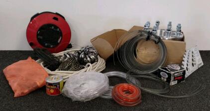 Workshop Lot: Hyper Tough 25ft Cord Reel, 8x6.5" Wheel Spacers, Banding, Tubing, Wire, Hardware (shelf c)