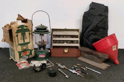 Vintage Coleman Lantern 220J With Box, Plano 3-Tray Tackle Box, Air Tools, Mantles, Accessories