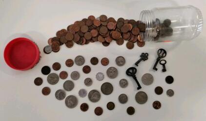 Mixed World Coin Collection With Antique Skeleton Keys &ndash; U.S., Foreign, 100+ Pieces, Jar Included