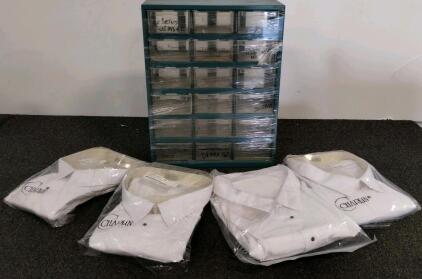 4 Chaplin 6XL White Dress Shirts UN-931 & 20-Drawer Steel Parts Storage Organizer
