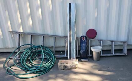8' Ladder, Long Hose, Box Of Glazed Tile Pieces, Delta Brand Aluminum Running Board, Small Auto Tail Light Wheel Cover, 7 Strips Of Nails, Metal And Plastic Trash Bins, And Small Southwest Style Cushion