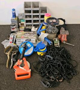Craftsman Brand Swivel Bench Vise, Elastic Cargo Net, Rope And Fairlead Set New In Box, Drill Powered Drain Auger / Drain Cleaner, Caulk Gun, Chains, And More