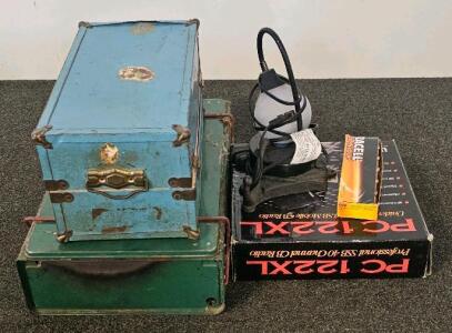 Vintage Coleman Camp Stove, 425 Series Model, Small Blue Vintage Trunk, PC 122XL Uniden AM, USB, LSB Mobile CB Radio, 6 Duracell D12 Batteries, Metal Horse Hook Decor, Touch Desk Lamp