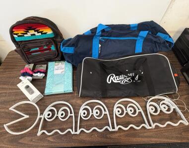Pac-Man Neon Light Set, Rawlings & Ozark Trail Duffel Bags, Google Nest Doorbell, 9 Scrunchies, Tablecloth