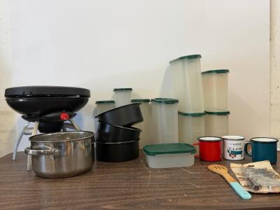 Camping Cookware/Kitchen Set: Portable Gas Grill, Storage Containers, Nesting Pots, Mugs, Patty Molds