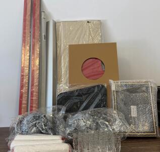 Mixed Lot of Home & Office D&eacute;cor and Supplies &ndash; Framed Medal, Paint Rollers, Shot Glasses, Faux Skull, Chrome Pole, Black Bin, Door Sweep Kit