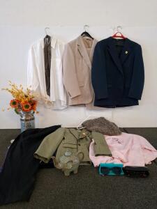 Assortment Of Men's And Women's Clothing, Pantsuits And Sweatshirts, Home Decor, And Glasses