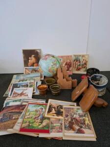 Vintage Classroom Educational Prints, 12" Globe, Cachepots, Idaho Plaques, Hardware, And More