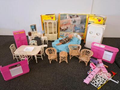 Sindy Marx Dollhouse Furniture Lot with Original Boxes, Barbie Pink Appliances, Rattan Set, Accessories