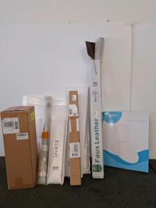 Amazon lot. Floor lamp, Faux Leather Upholstery Roll Brown, DAYAO Elongated Toilet Seat, 304 SS Mesh 12"x24" 2 Pack, floor lamp, 2 oven racks and more