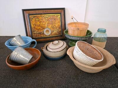 Assorted Kitchen And Home Decor &ndash; Ceramic Bowls, Metal Buckets, Wicker Basket, Clock Art, Mason Jar