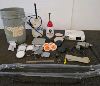 2 New Crowbars, Epson PowerLite 935W WXGA 3LCD HDMI Projector, (No Cords, Unable To Test), 3700 Lumens, 1280x800 Resolution, Vintage Drill (Tested And Powered On), Weed Sprayers, And More
