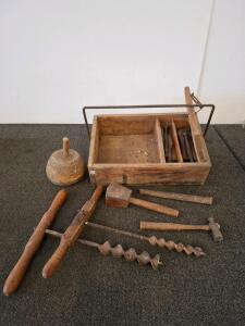 Antique Wooden Toolbox Set With Mallet, T-Handle Auger Drills, Hammers, Chisels &ndash; 14 Piece