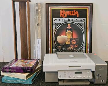 Lexmark X3550 All-In-One Inkjet Printer With LCD Display And Optional Wi-Fi (Missing Cords), Kahlua Framed Art, 3 Children's Books With Gold-Leaf Edges, CD Or DVD Tower, And More