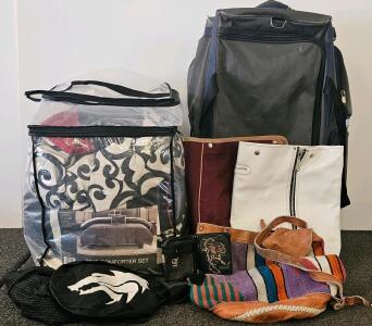 King Comforter Bedding Set, Large Wheeled Duffel, Assorted Tote Bags, Wallet, 2 Crocheted Pillows And 2 Decorative Pillows