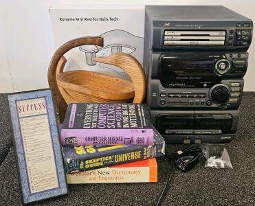 JVC CA-D661T Stereo System, 3-Disc CD, Dual Cassette, AM/FM, 50Wx2, 1997, Malaysia, Serial 092C1667 (Tested, Works), Nail Tech Armrest, 3 Books, And More