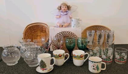 Holiday Glassware, Mugs, Glass Vases, Baskets, Angel Doll, Frosted & Colored Stemware