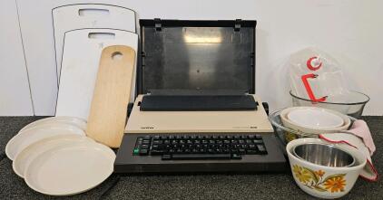 Brother Correctronic 50, Capri/Pyrex Bowls, Cutting Boards, Plates, Reliance Jug