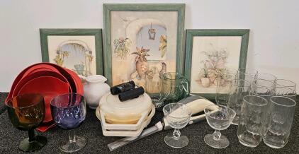 Hamilton Beach Electric Knife (Tested, Works), Waffle Maker (Tested, Works), Glassware, 3 Pieces Of Framed Art, 3 Mixing Bowls, Ozark Trail Binoculars, And More