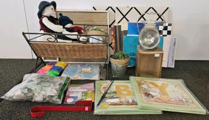 Decorative Iron & Wicker Magazine Rack With Trio Plush Snowman Holiday Decor, Easter Treat Bags, Pooh Baby Shower Cake Boxes, Spool Pin Adaptor, And More