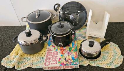 Crock-Pot (tested, works), 2 pans, 3 pots with lids, bread slicing guide, and more.
