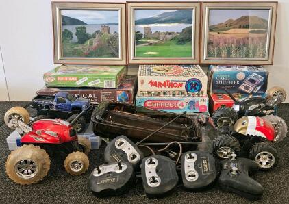Assorted Mixed Lot: Pyrex Bakeware, RC Cars, Board Games, Framed Art (Used)