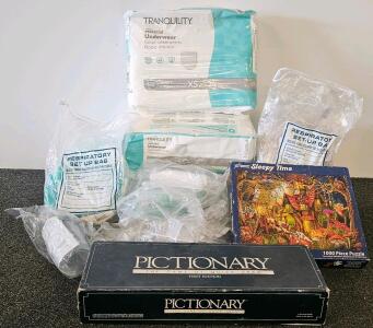 Mixed Lot: Tranquility XS/S Underwear, Respiratory Supplies, Sleepy Time 1000pc Puzzle, Pictionary 1st Ed.