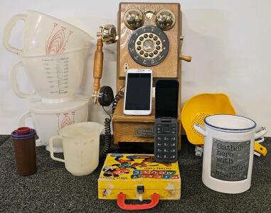 Samsung Galaxy S5, Nokia, vintage Thomas America PP-110 Collector's Edition wood wall telephone, measuring pitchers and more.