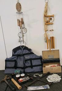Cabellas life jacket, 4 windchimes, small toolbox and more