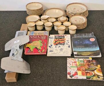 Vintage 42 Piece Stoneware Dinnerware Set, Tan/Brown Floral, 8 Bowls, 6 Plain Salad Plates, Mugs Creamer Sugar Bowl, Educational And Recipe Book Assortment, 30" Slide In Range Rear Filler Kit, 2 Blade Metal Fan Propeller Replacement Part, And Galvanized S