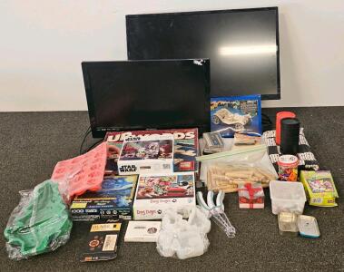 Mixed Fun Lot: Apex Digital Brand 32" TV(Could Not Confirm Functional), Magnavox Brand 22" TV(Confirmed Functional!) Upwords Board Game, Jigsaw Puzzles and a Wooden Car Build Kit, Checkers Rug, Craft Supplies, Various Silicone Kitchenwares and more,