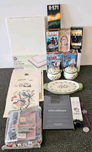 Festive Cardinal Set With Two Serving Trays And Two Soup Bowls With Lids, Multilayered Tablet Protector, iPad Glass Screen Protector,13x19 Cake Boards (Still In Plastic), And More