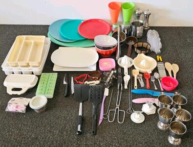 Large Assorted Vintage & Modern Kitchenware Lot &ndash; Plates, Bowls, Utensils, Metal Goblets, Barbie