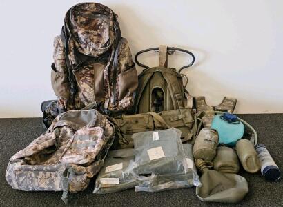 Outdoor Gear Lot: Timber Ridge 70L Backpack, Hydrostorm Hydration, ALICE Pack, Canteens, Tarps
