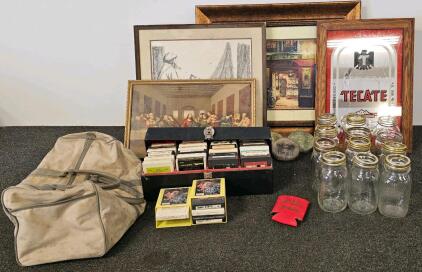 Large Vintage Mixed Lot: Country 8-Tracks, Mason Jars, Framed Art, Decor, Duffel Bag