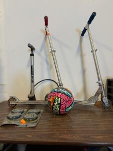 2 Razor A Folding Kick Scooters, Aluminum Frame, 100MM Wheels, Blue & Red Grip Options, Scooter Replacement Wheels, Airpump, And A Volleyball