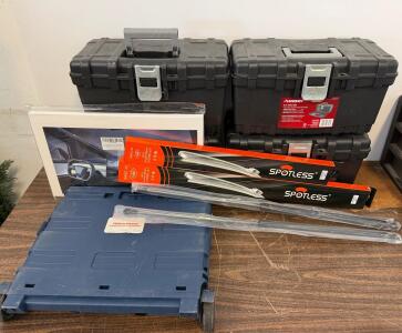 4 Husky 16" Tool Boxes, Office Depot Collapsible Rolling Crate, 2 Gas Struts, 2 Spotless Wiper Blades